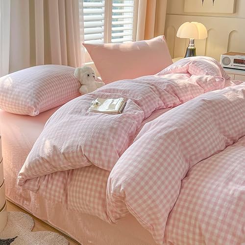 Koudi Kariet Parure de lit 135x200 Rose Blanc Motif à carreaux Housse de couette Ensemble de literie réversible pour fille en microfibre et taie d'oreiller 80x80 avec fermeture éclair
