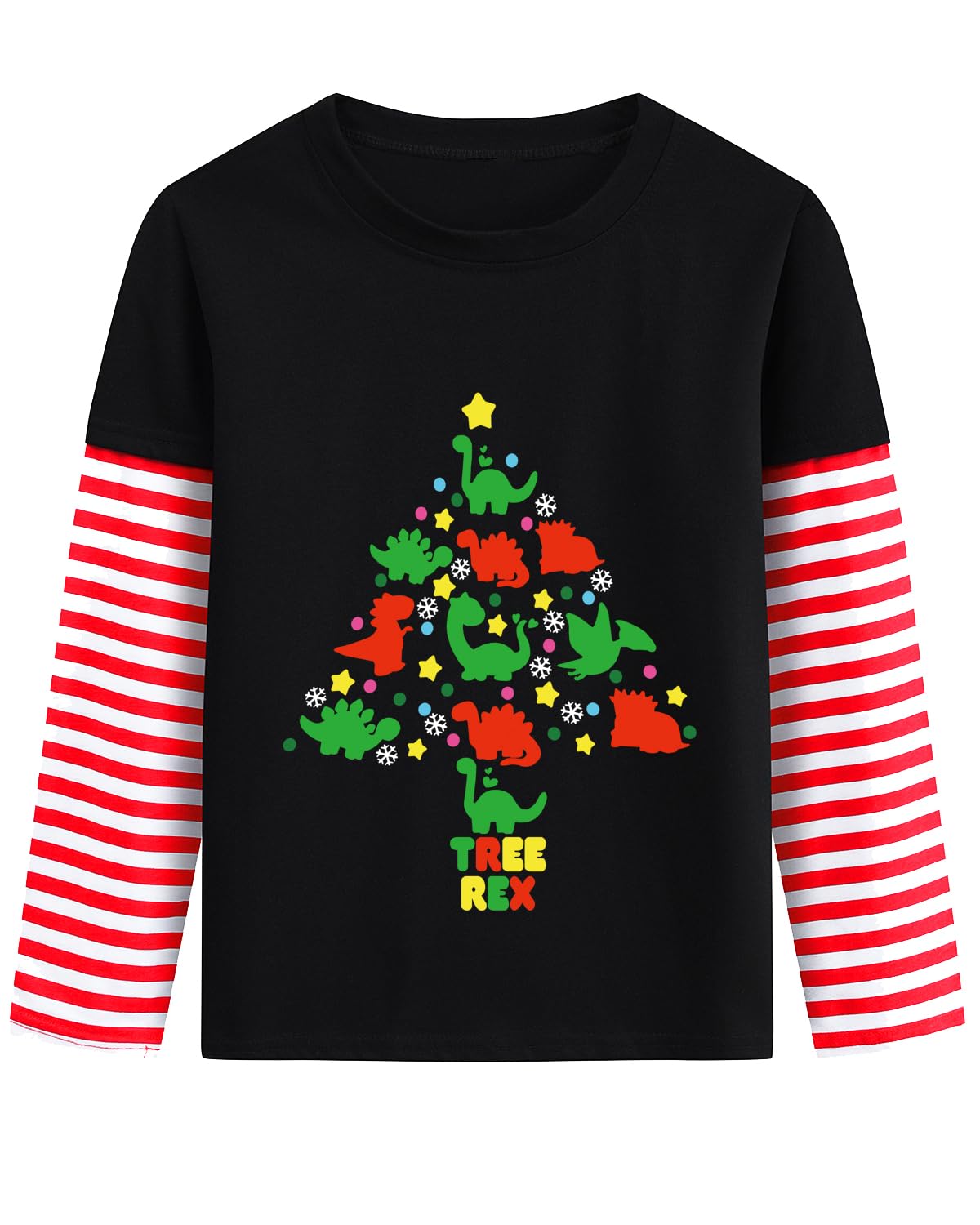 Christmas Shirt for Toddler Boys Dino Xmas Tree Santa Reindeer Bus Monster Truck Red White Stripe Sleeve Long Tshirt Tops