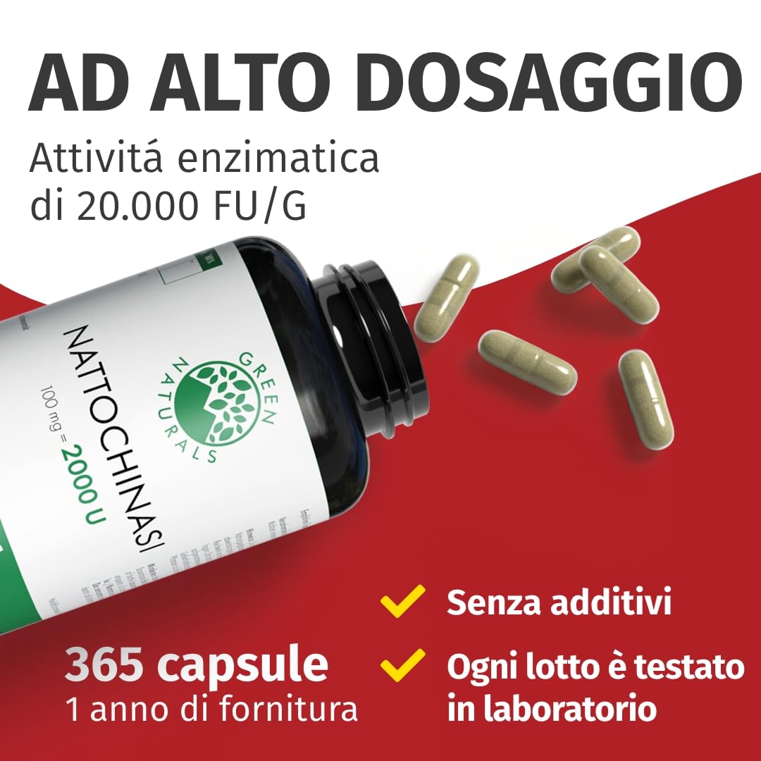 Green Naturals® Nattokinase (20.000 FU/g) – 365 capsule – Dosaggio elevato 100 mg con 2.000 FU per capsula – Qualità premium dalla Germania – Scorta 1 anno