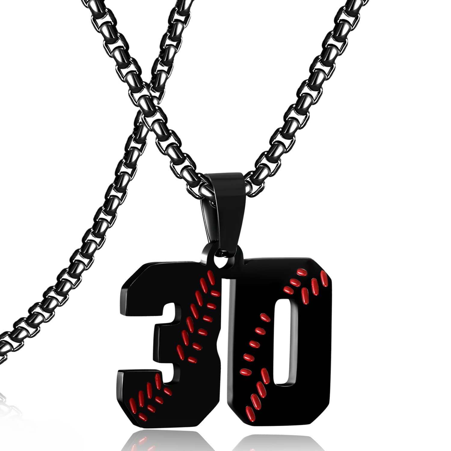 SKQIR Baseball Jersey Number Pendant for Men & Boys - Stainless Steel Chain for Athletes - Black