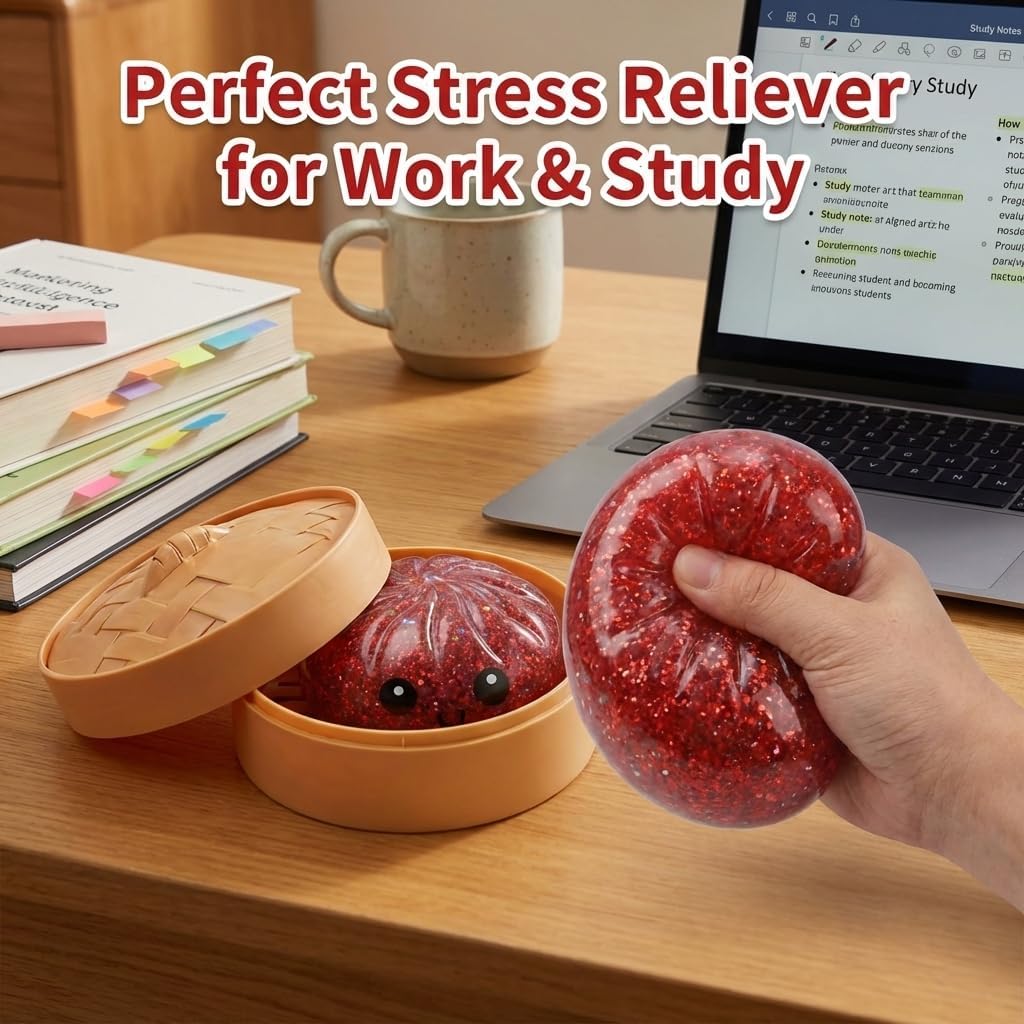 Squishy Dumpling Stress Relief Toy, Glitter Sensory Squeeze Toy, Soft Slow Rising Anxiety Relief Fidget Toy, Cute Stress Ball for Relaxation & Desk Fun