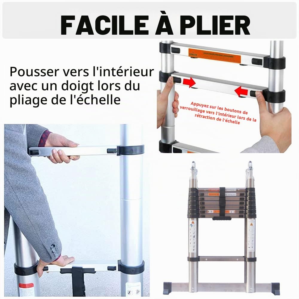 Échelle télescopique en acier inoxydable EN131 - 3,8 m - Antidérapante - Extensible - Charge maximale : 150 kg - Pour l'intérieur et l'extérieur