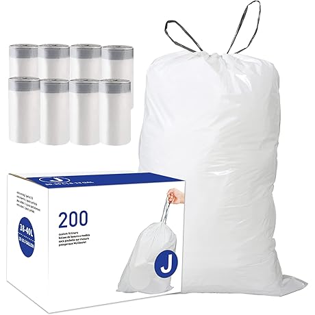 Code J: 200 Count, 10-10.5 Gallon Drawstring Trash Bags Compatible with simplehuman