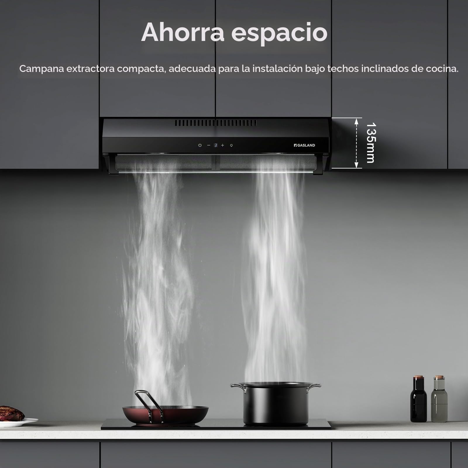 GASLAND UC60BS Campana Extractora de Doble Motor 60 cm, Modo Recirculación, Extracción Silenciosa 333 m³/h, 3 Niveles Control Táctil, Campana de Cocina Suspendida de Metal Negro con Filtro de Carbón