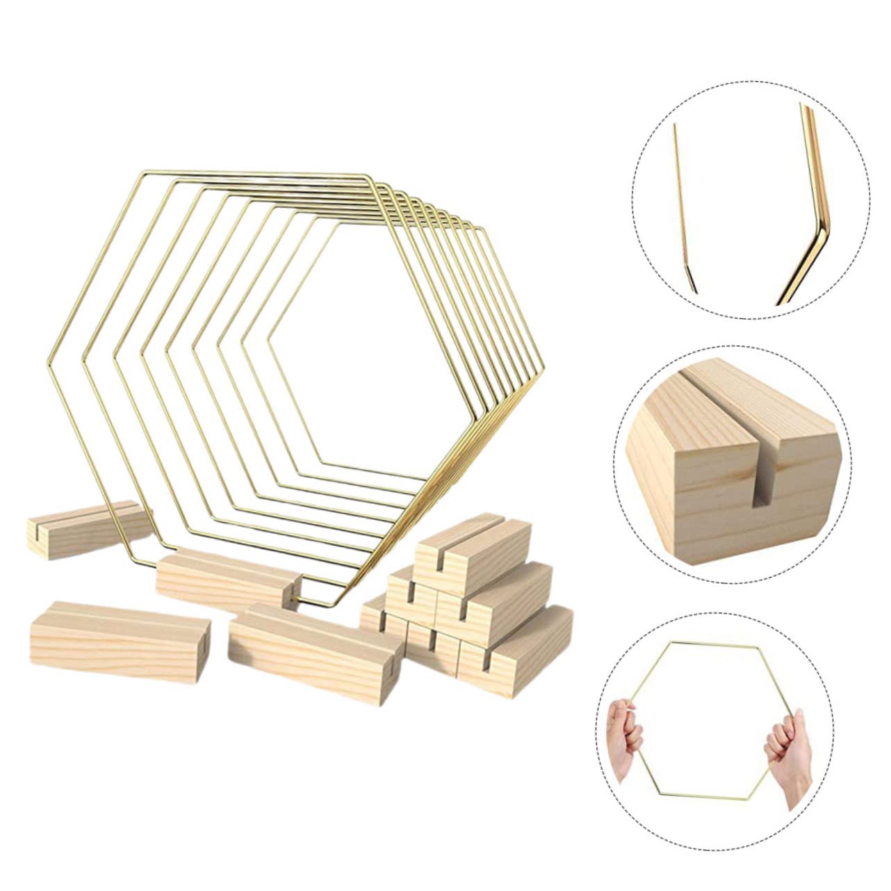 Sechseckige Metallkränze mit Holzsockel für Hochzeit | Gold, Selbstgemacht Bastelbedarf für Zuhause, 10 Stück im Paket, Passend für Dekorative Arrangements