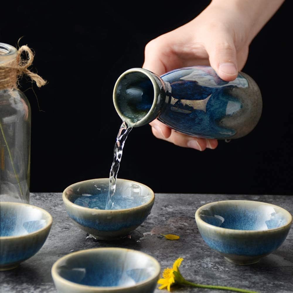 5 Piece Sake Set Blue Bright Starry Sake Cup Set Quaint Texture Smooth Glaze Ceramic Cups for Cold/Warm/Shochu/Tea Best Gift for Family and Friends