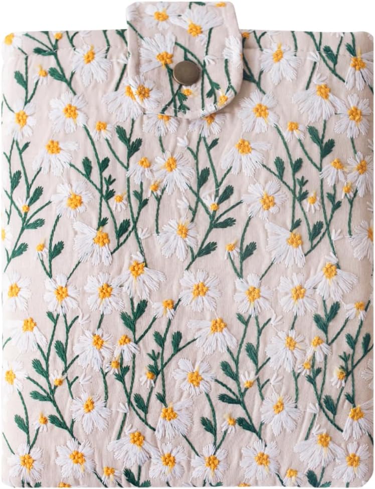 Embroidered Fabric Sleeve for iPad Pro 11, iPad Air 10.9, Surface Pro 12, Galaxy Tab S10, Hardcover Books - Padded Cover for Large Tablets & E-Readers - Multiple Colors (White & Beige - Snap)