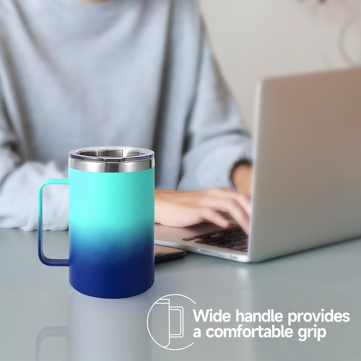 Volhoply 16oz Insulated Coffee Mug with Lid and Straw, Stainless Steel Travel Mugs with Handle, Double Wall Vacuum Leak Proof Coffee Tumbler Cup (Green Blue,1) - Image 2