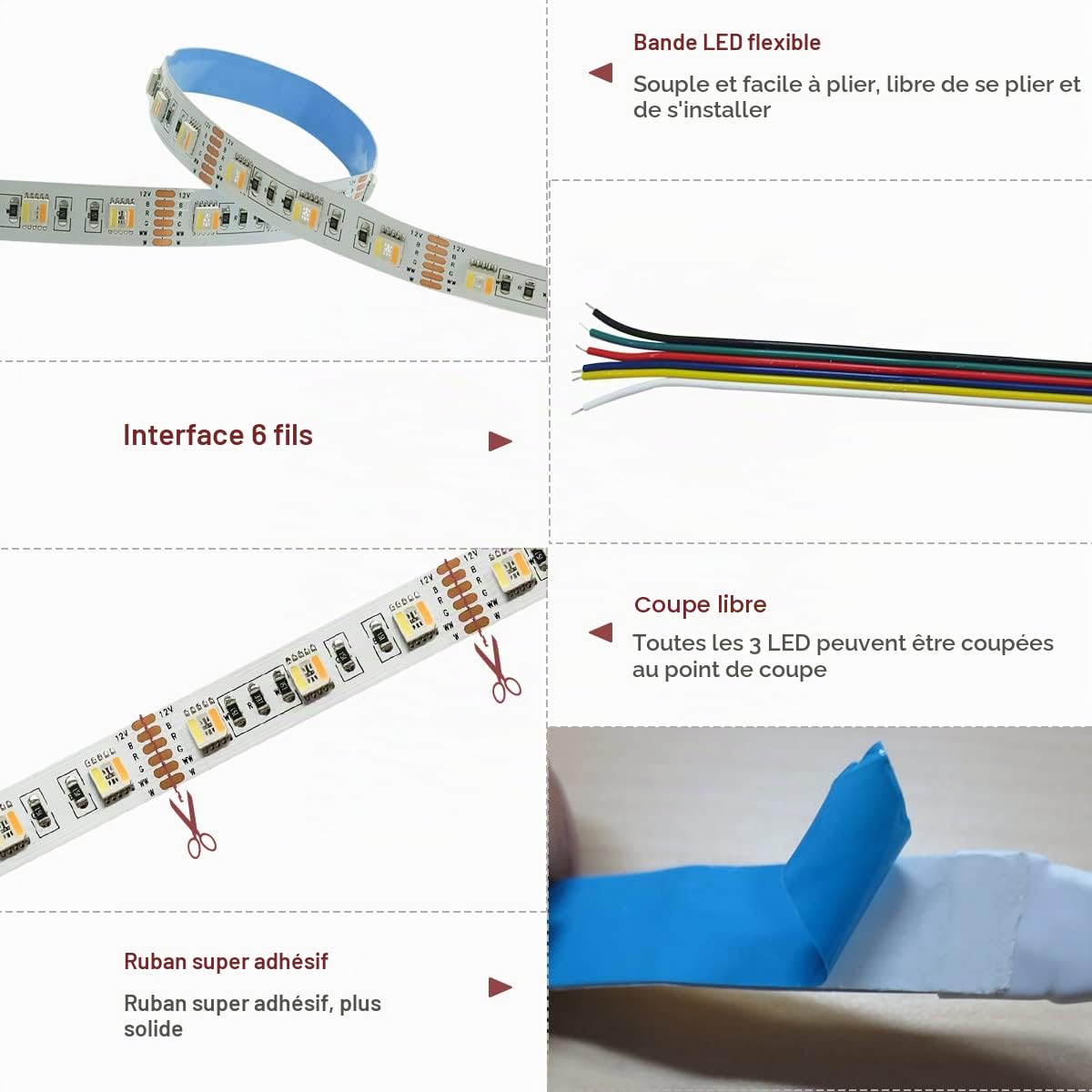 Ruban LED 12V, 5 en 1 Puce RGB + CCT, RGB + Blanc + Blanc Chaud (2800K à 6500K) RGBCW 5M Couleurs Mixtes Bande Lumineuse IP20 300 LEDs Bande pour Chambre, Décoration de Cuisine