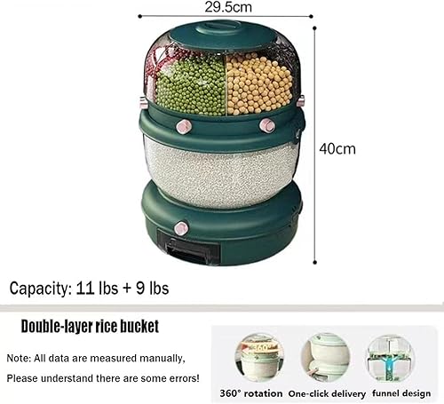 Miniatura 7 de Dispensador de cereales 20Lbs, Contenedor de almacenamiento de cocina giratorio de 360, Dispensador de arroz y grano de doble capa, Contenedor de