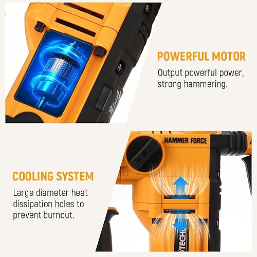 Miniatura 5 de Hoteche Taladro de martillo giratorio de 900 W y 1.024 in, martillo/taladro de 2 funciones para hormigón, amarillo, caja de color + embalaje de caja