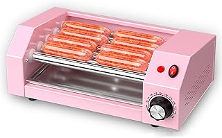 Máquina Para Cocinar Con Parrilla Para Perros Calientes, Calentador Para Perros Calientes En La Encimera, Calentador Eléctrico Para Parrilla Con 5 Rodillos, Rodillos De Acero Inoxidable, (Color:Rosa)