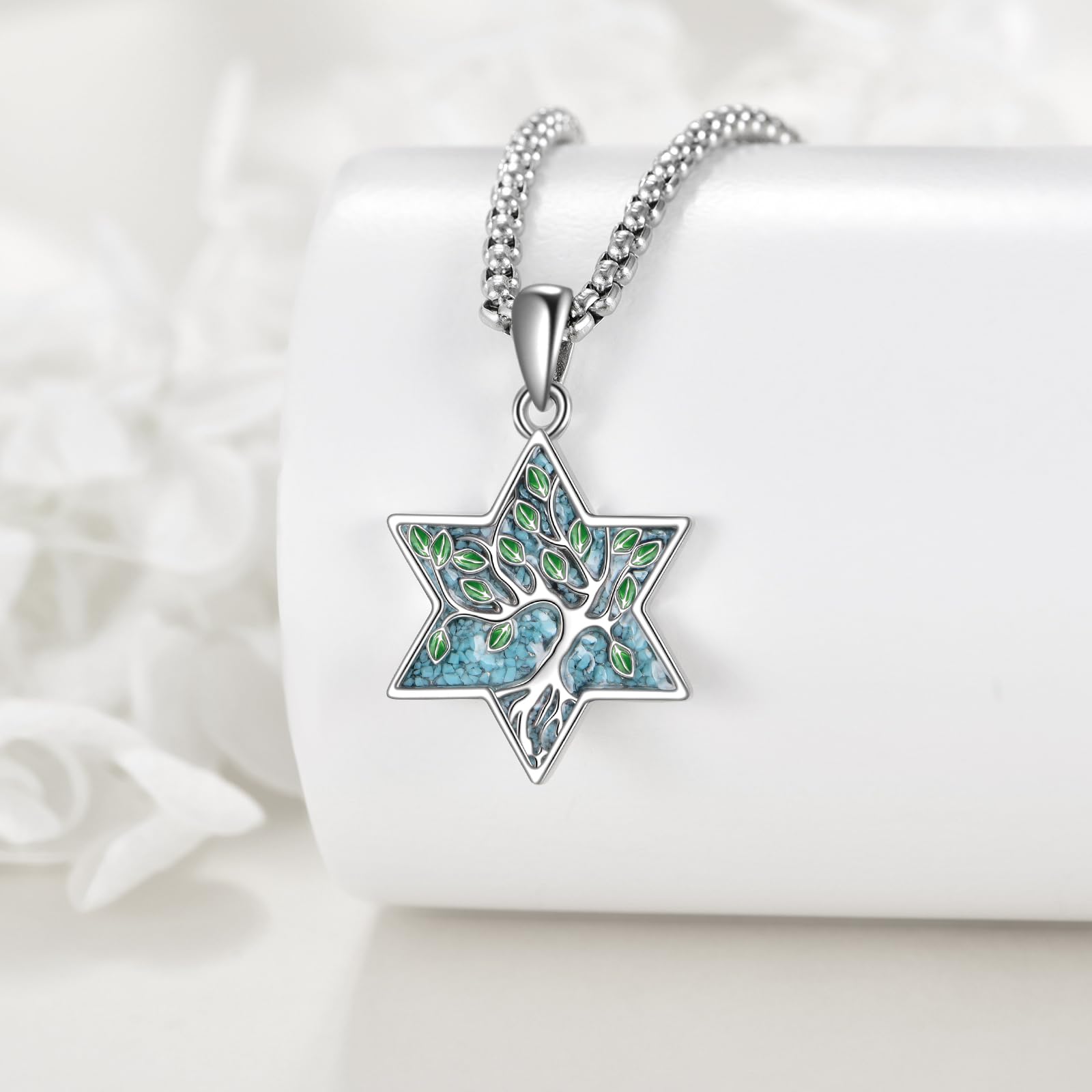 YAFEINI Collana con albero della vita, in argento Sterling 925, con ciondolo a forma di stella di David turchese, per uomo e donna