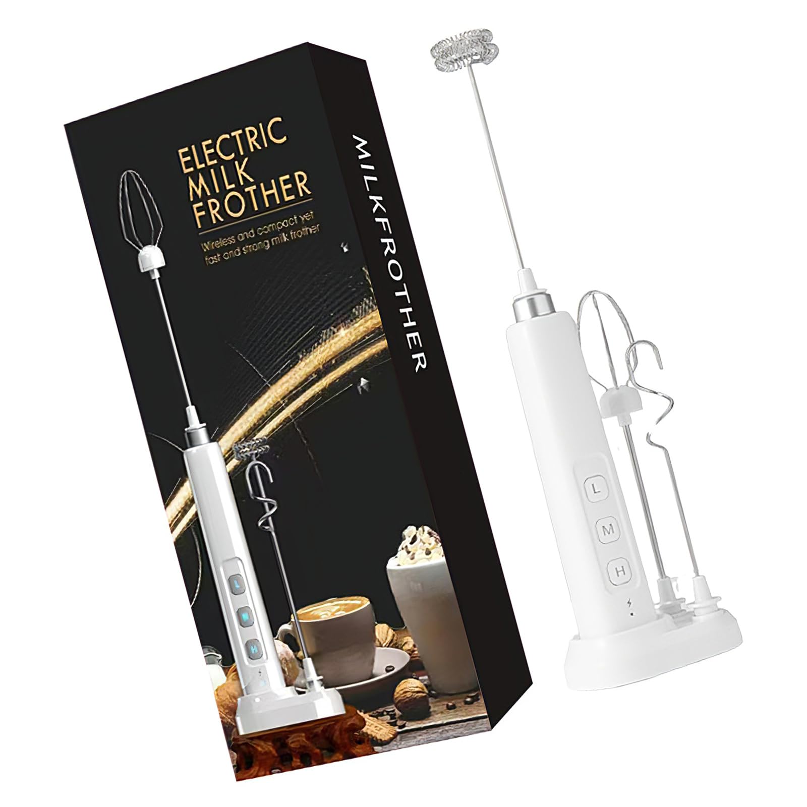 Elnwnnkc Rechargeable Electric Milk Frother with Detachable Metal Heads 3 Speed Modes 1200mAh for Coffee and Baking Battery Milk Frother for Coffee