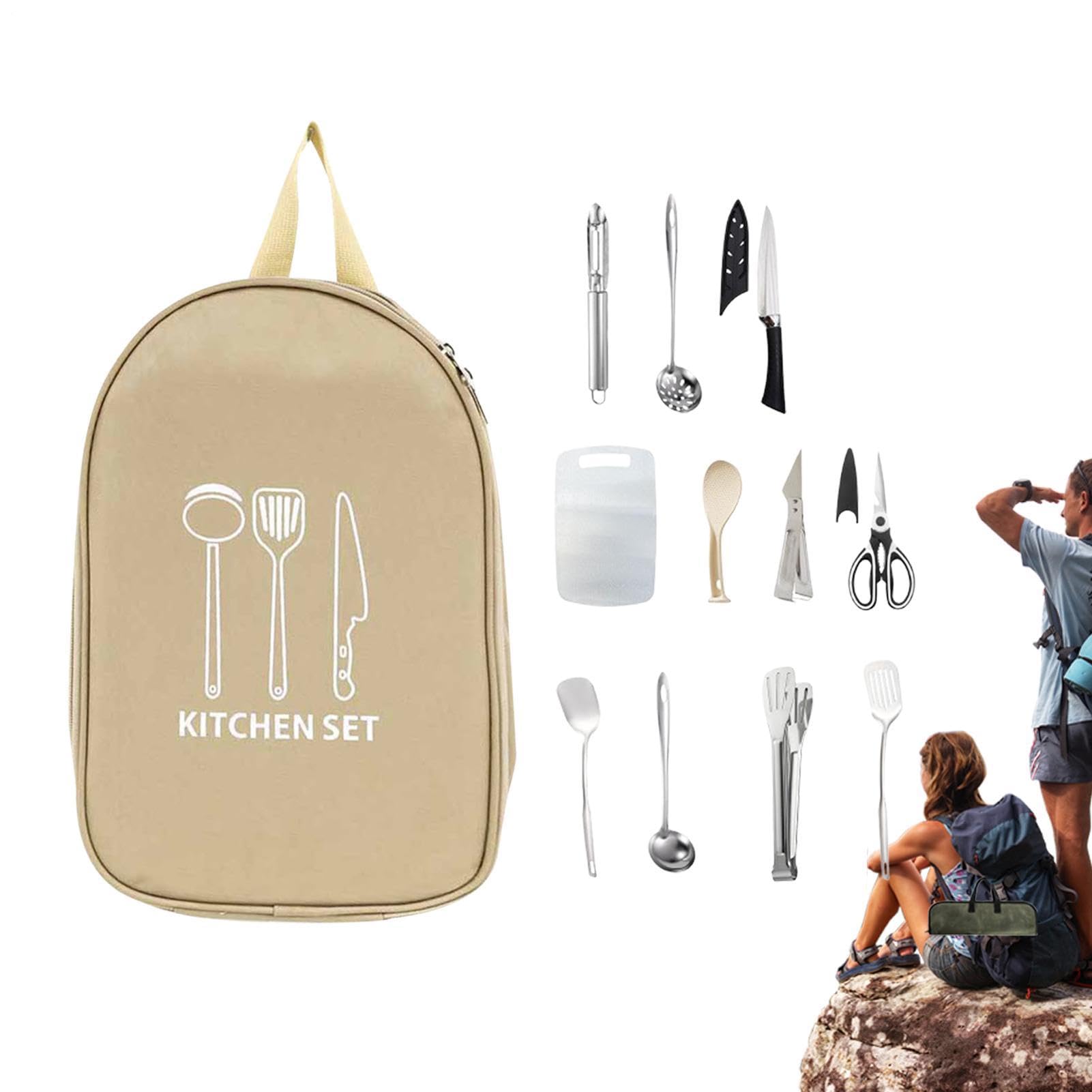 Set da Cucina per Campeggio 12 Pezzi di Attrezzatura da Cucina per Viaggi | con Borsa da Trasporto per Set da Cucina Portatile per Camper, Escursionismo, Zaino in Spalla, BBQ, Avventure e Feste