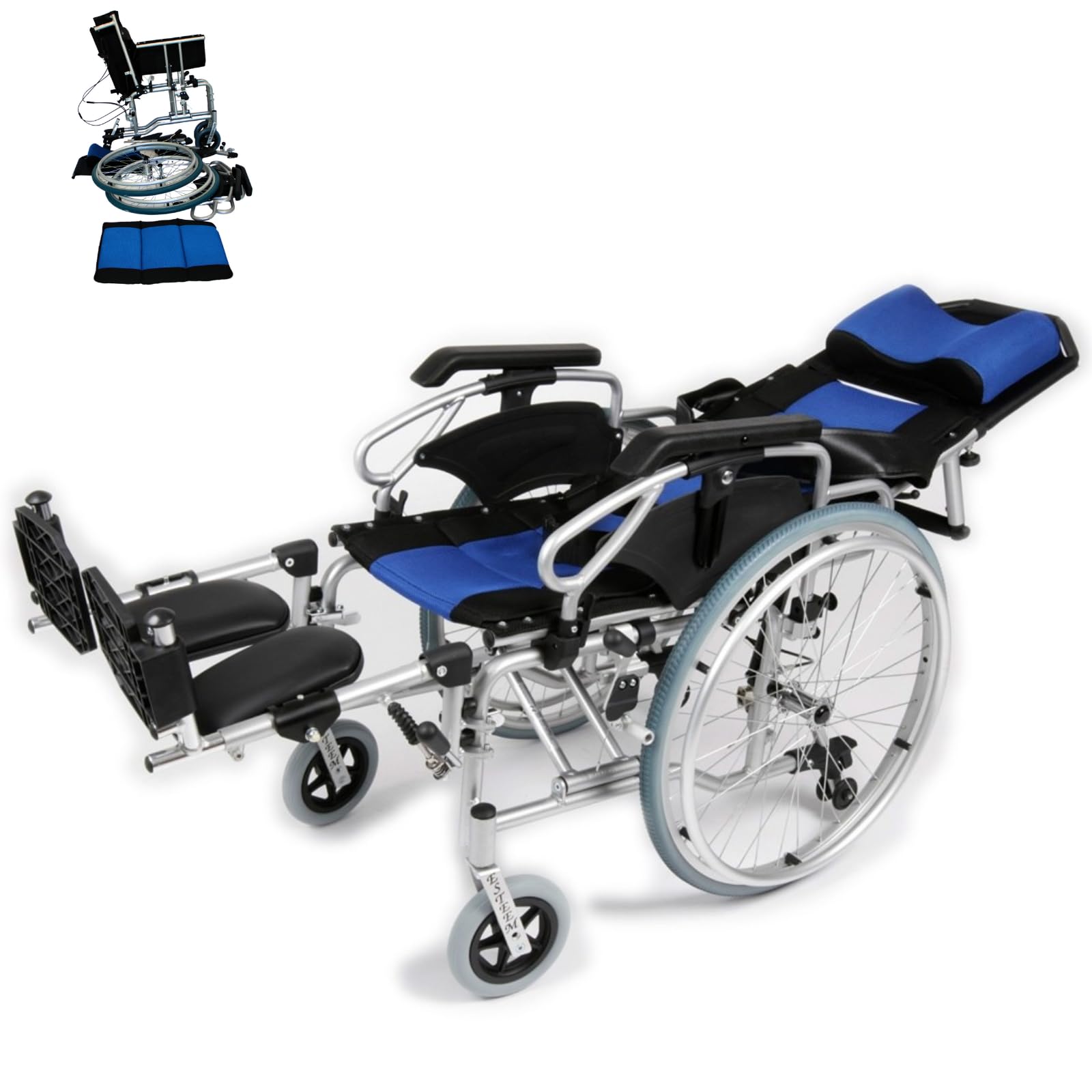 U-GO Esteem Deluxe Lightweight Folding Reclining Wheelchair with Padded Headrest, Recliner Wheelchair with Elevating Leg Rests, Tilting High Back Self Propelled Wheelchair, Seat Width 16"