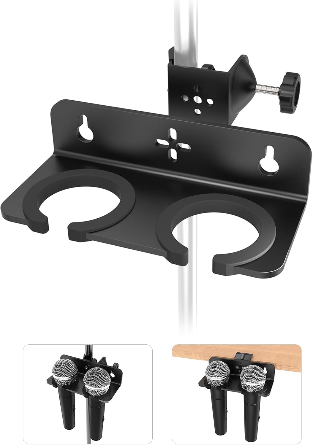 Multi Microphone Holder with Clamp (Aluminum/Rubber), Mount on Mic Stand & Desk Edge & Wall, Hold Up to 2 Wired/Wireless Handheld Mics, Ideal for Church, Street Performance, Home Studio, Karaoke
