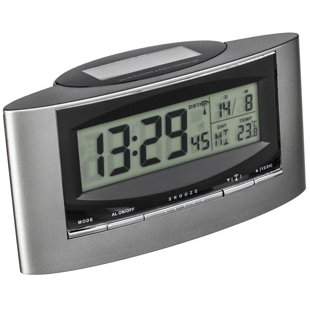 Réveil radio-piloté numérique TFA Dostmann 98.1071 solaire avec thermomètre de bureau noir et argent