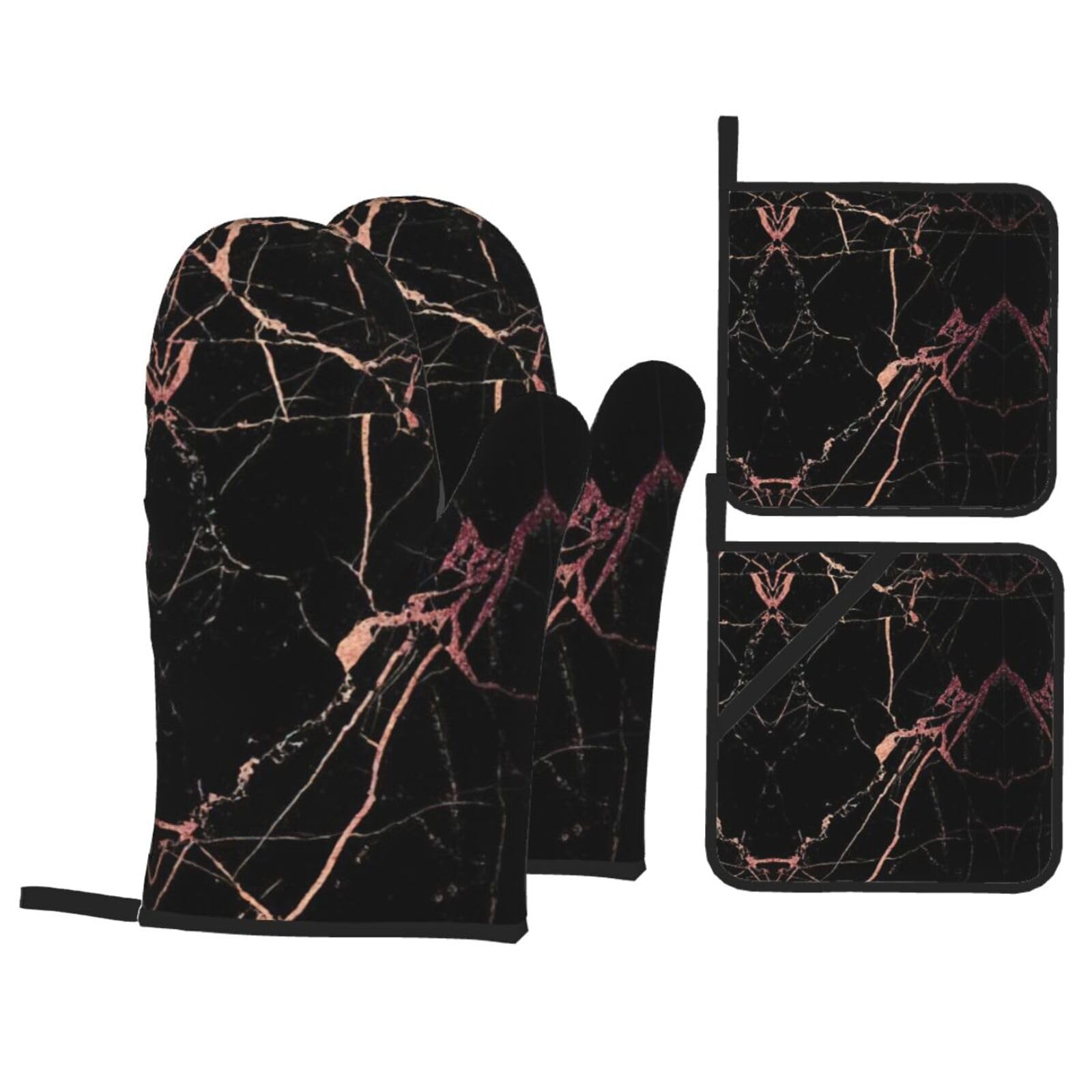 Yagdaa Black Rose Gold Marble Print Oven Mitts Pot Holders 4 Pcs Set Kitchen Oven Gloves Cooking Baking Grilling Accessories