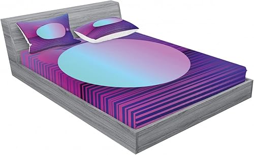 Miniatura 2 de Ambesonne Synthwave 2 Pack Fitted Sheet & Pillow Sham Set, Stripes Galactic Rounds, 4 Pcs Bedding Decor, Package Contains 2 Calking Size Fitted