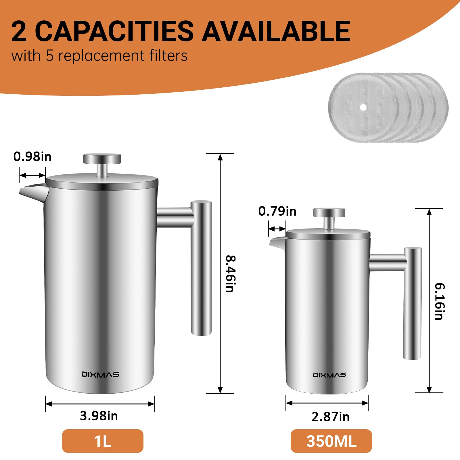 French Press Caffettiera pistone filtro in acciaio inossidabile caffè americano macchina per caffè o tè - 1000ml / 8 tazze