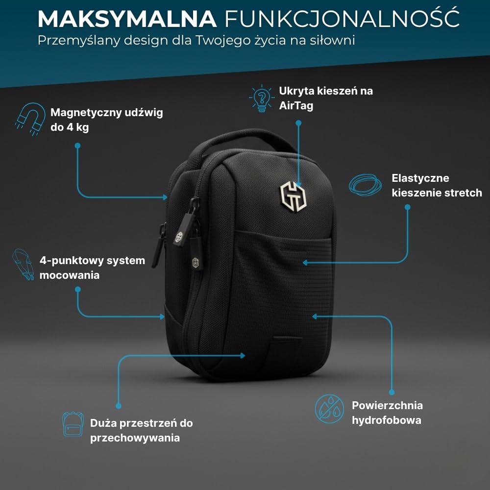 Magnetyczna torba sportowa do studia fitness – kompaktowa torba na ramię z silnym magnesem – torba na telefon komórkowy i wartościowe przedmioty – odporna na działanie wody z paskiem na ramię