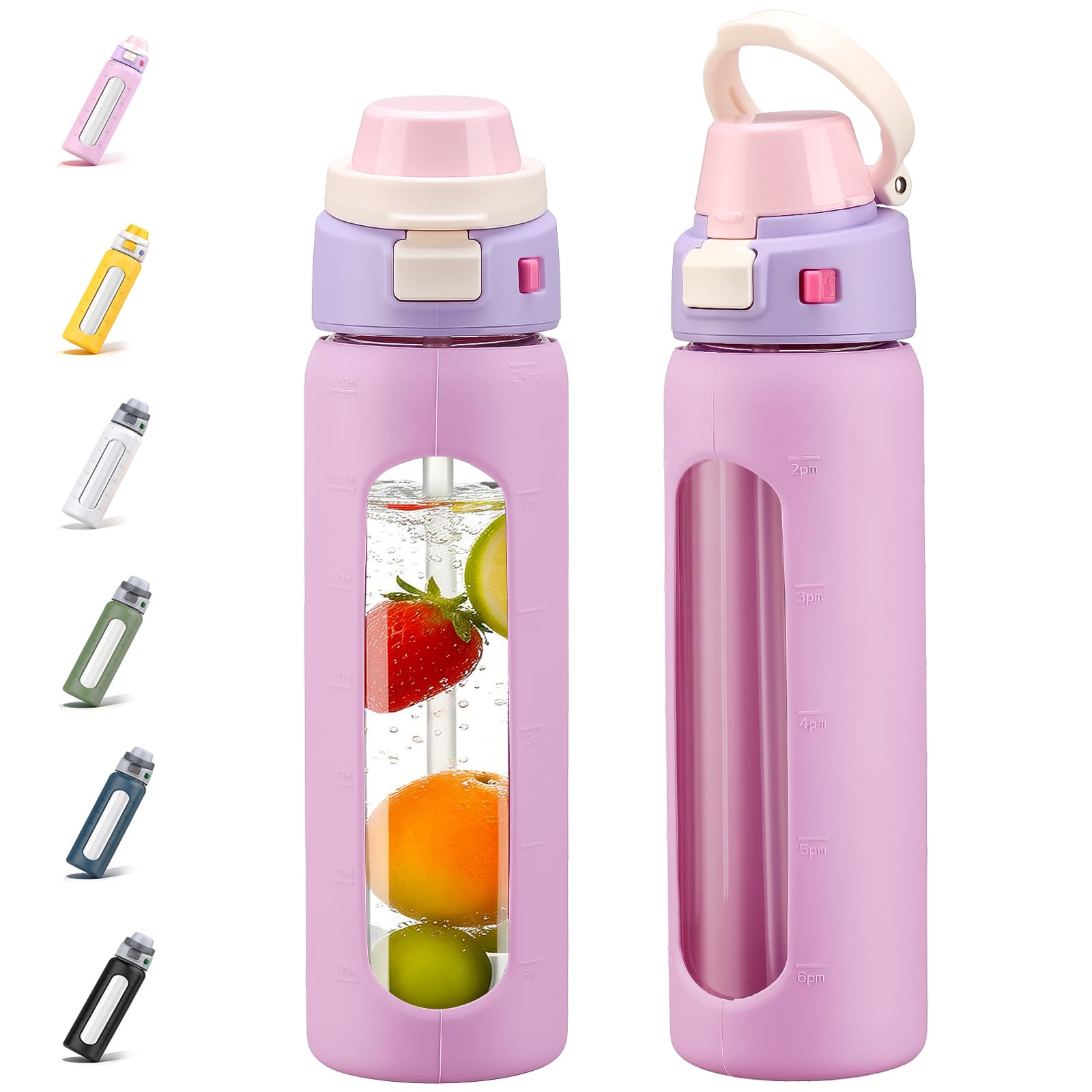 BLUEGO 2-in-1 Borosilikatglas Trinkflasche mit Strohhalm für Sport und Reisen, Trinkflasche 700ml mit Silikonhülle, Auslaufsicher, BPA-frei, Rosa
