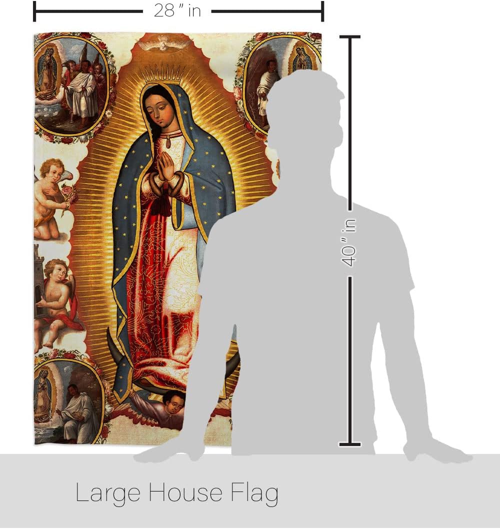 Our Lady of Guadalupe Flag Pole Set Wooden Dowel with String Nativity Decorations Christian Tapestry Hardware Inspirational Faith Banner Elephant Winter Merry Xmas Holy Religious Gifts For Grandma Made in USA