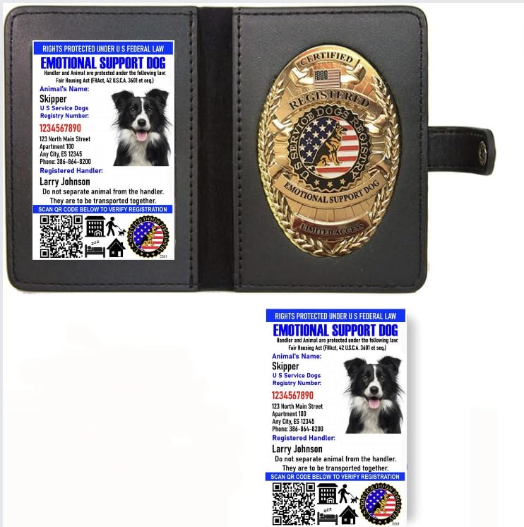 Just 4 Paws Custom Emotional Support Dog Badge & Leather Wallet with 2 Custom Photo ID Cards with QR Code & Security Seal and Optional Holograph &