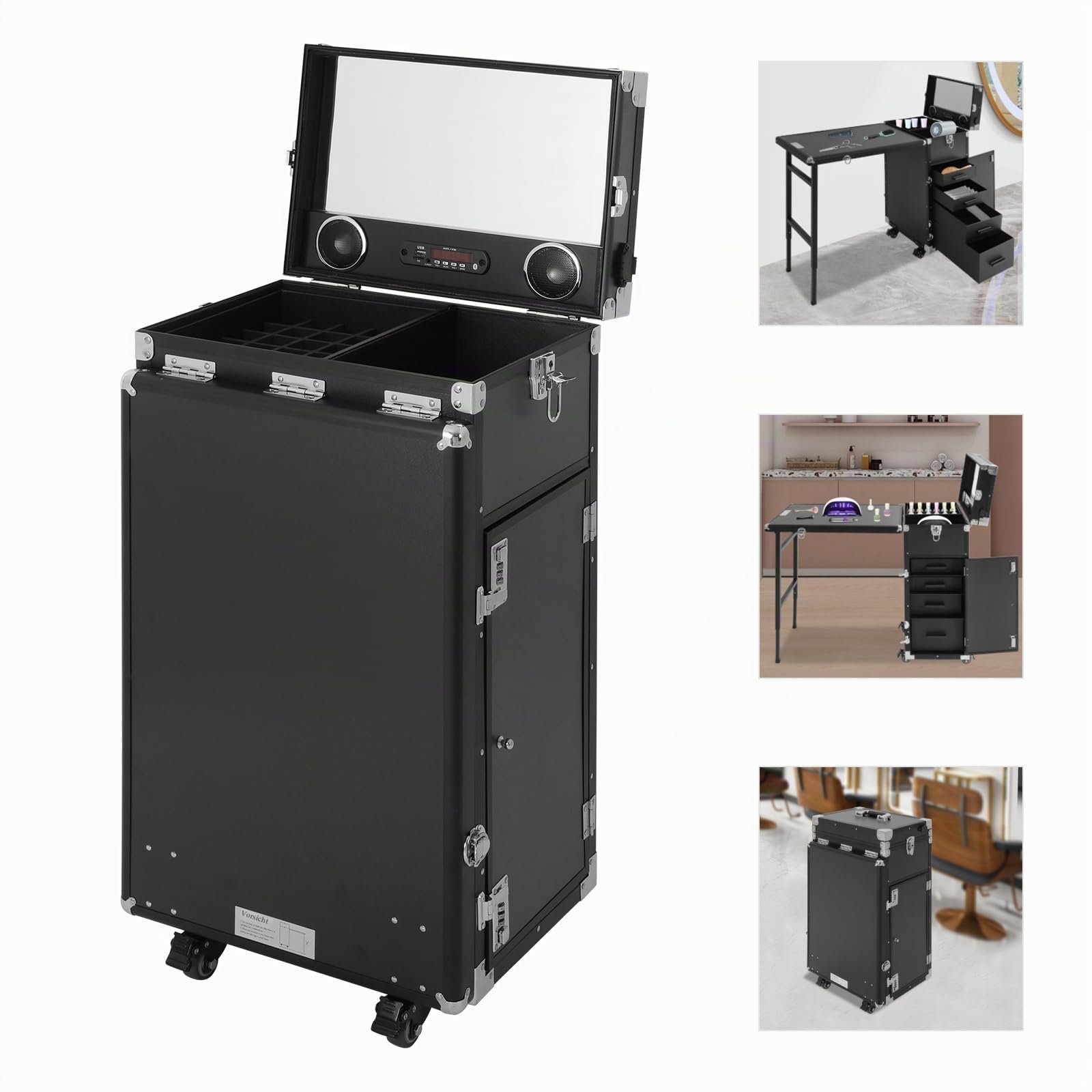 Kosmetikkoffer Trolley 2 in 1 Kosmetikkoffer Groß Kosmetik Trolley Make up Koffer Schminkkoffer mit Rollen & 4 Schubladen Friseurkoffer Alu Beauty Case Nagelkoffer Multikoffer (Schwarz)