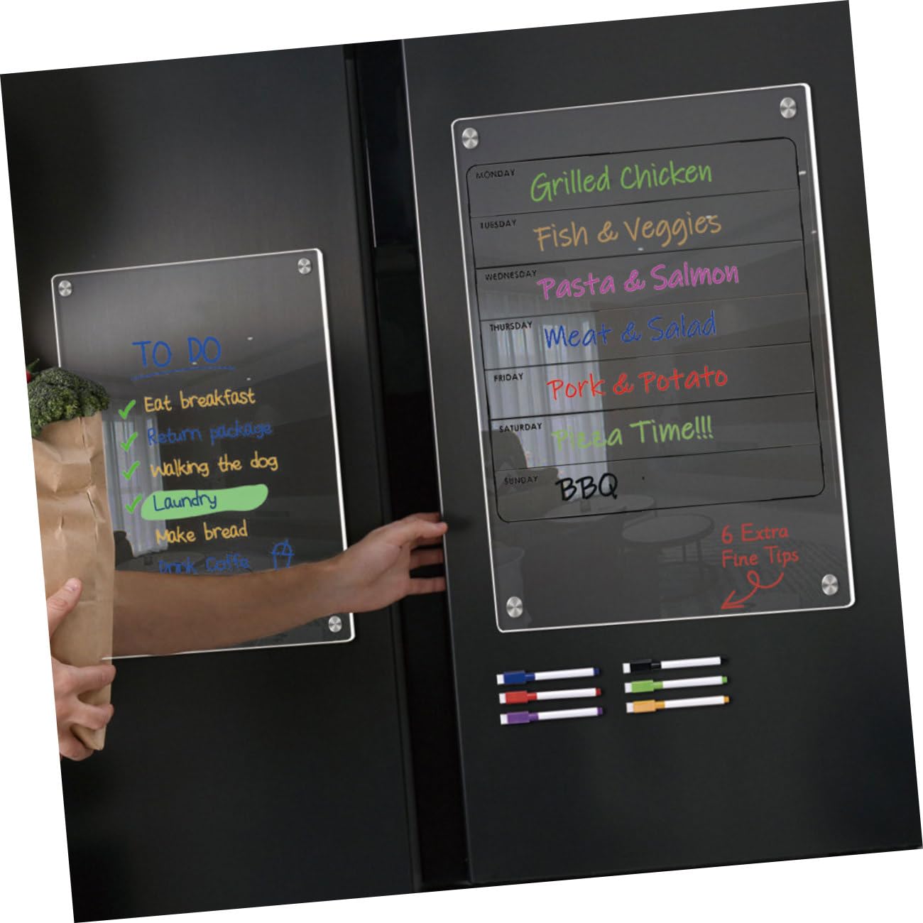 Transparente Acryl Wochenplaner Whiteboard Tafel zum Beschriften | Magnetisch, Wiederverwendbar, Tragbar, für Kühlschrank und Küche, 1 Satz mit Löschbarer Oberfläche