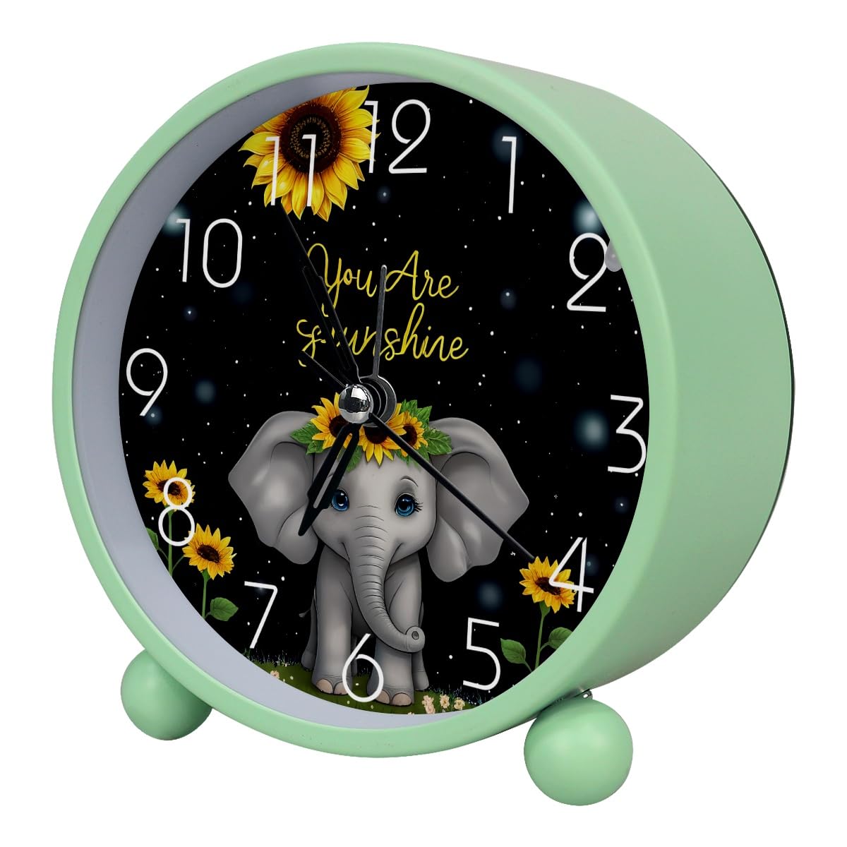 Luoweisi Analog Alarm Clock Elephant Sunflower, Silent Non-Ticking with Night Light, Battery Operated, Round Desk Alarm Clock for Office, Bedroom, Elderly, Adults, Children, Student Gifts