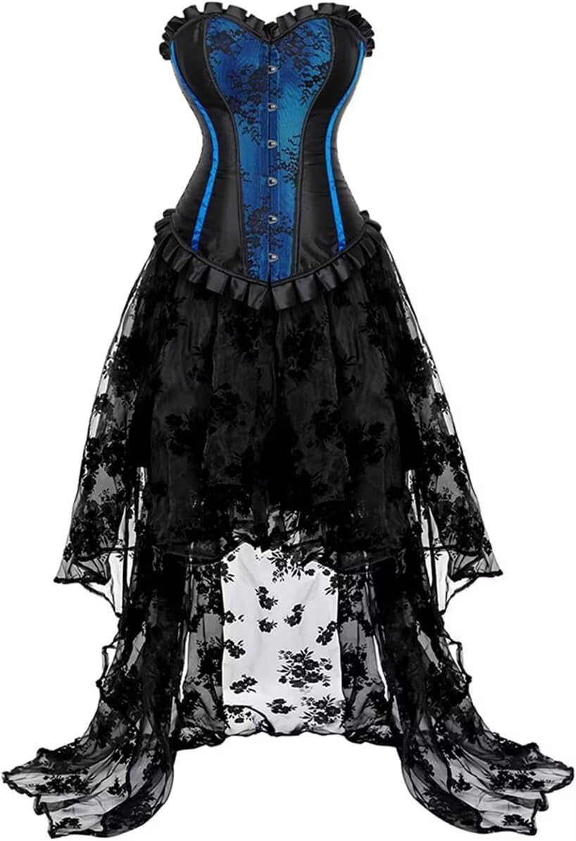 Jutrisujo Corset Dress Skirt Long Asymmetry Women Lace pu Bustier Gothic Lingerie Plus Size