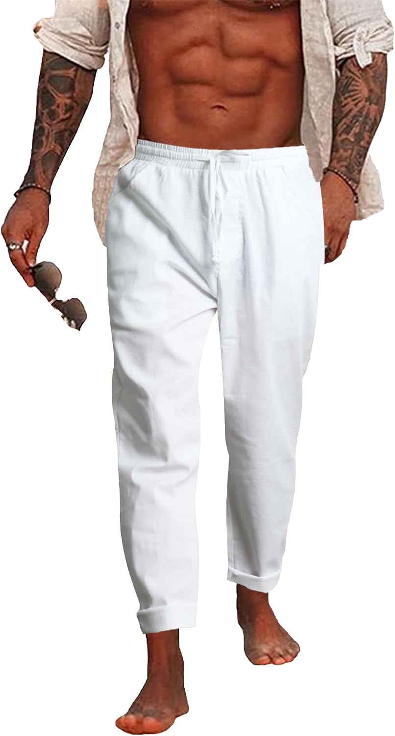 NANAMEEI Cotton Linen Pants for Men Yoga Harem Pants Casual Drawstring Beach Elastic Waist