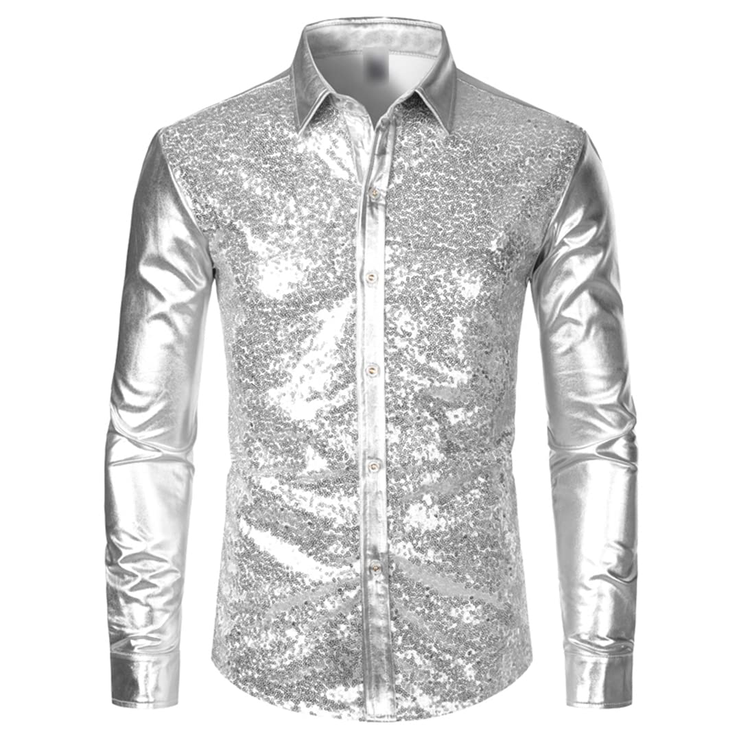 Amazon.com: Men's Disco Shiny Gold Sequin Metallic Design Dress Shirt Long  Sleeve Button Down Christmas Halloween Party Stage Costume Gold US Size XL  : Clothing, Shoes & Jewelry