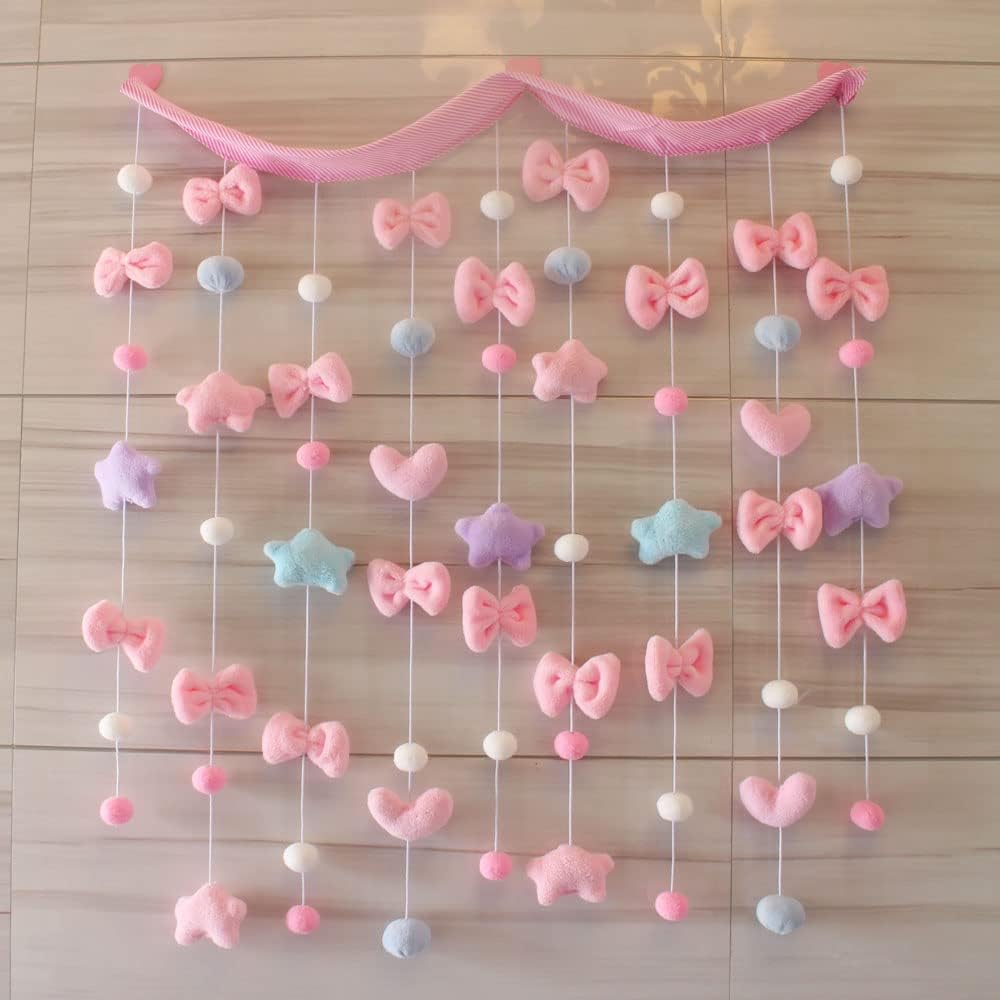 Kawaii Doorway Curtains Girls Bedroom Wall Hanging Decor Cute Fluffy Star Bowknot Pentacle Garland Door Strings Nursery Curtain for Baby Room (Rod Pocket, Pink Star)