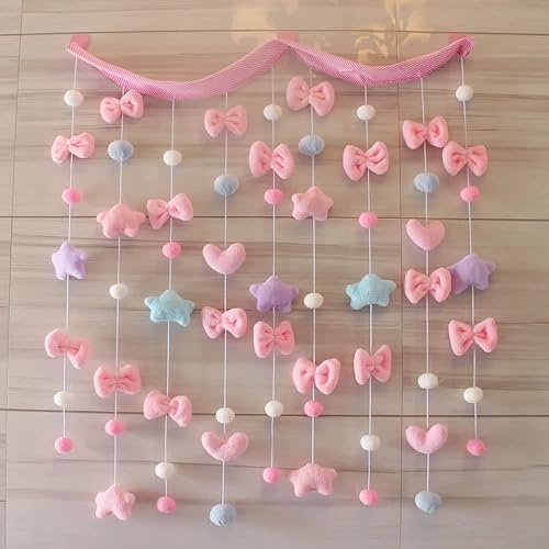 Cortinas Kawaii para dormitorio de niñas, decoración para colgar en la pared, bonita estrella esponjosa con lazo, guirnalda de pentáculos, cortina
