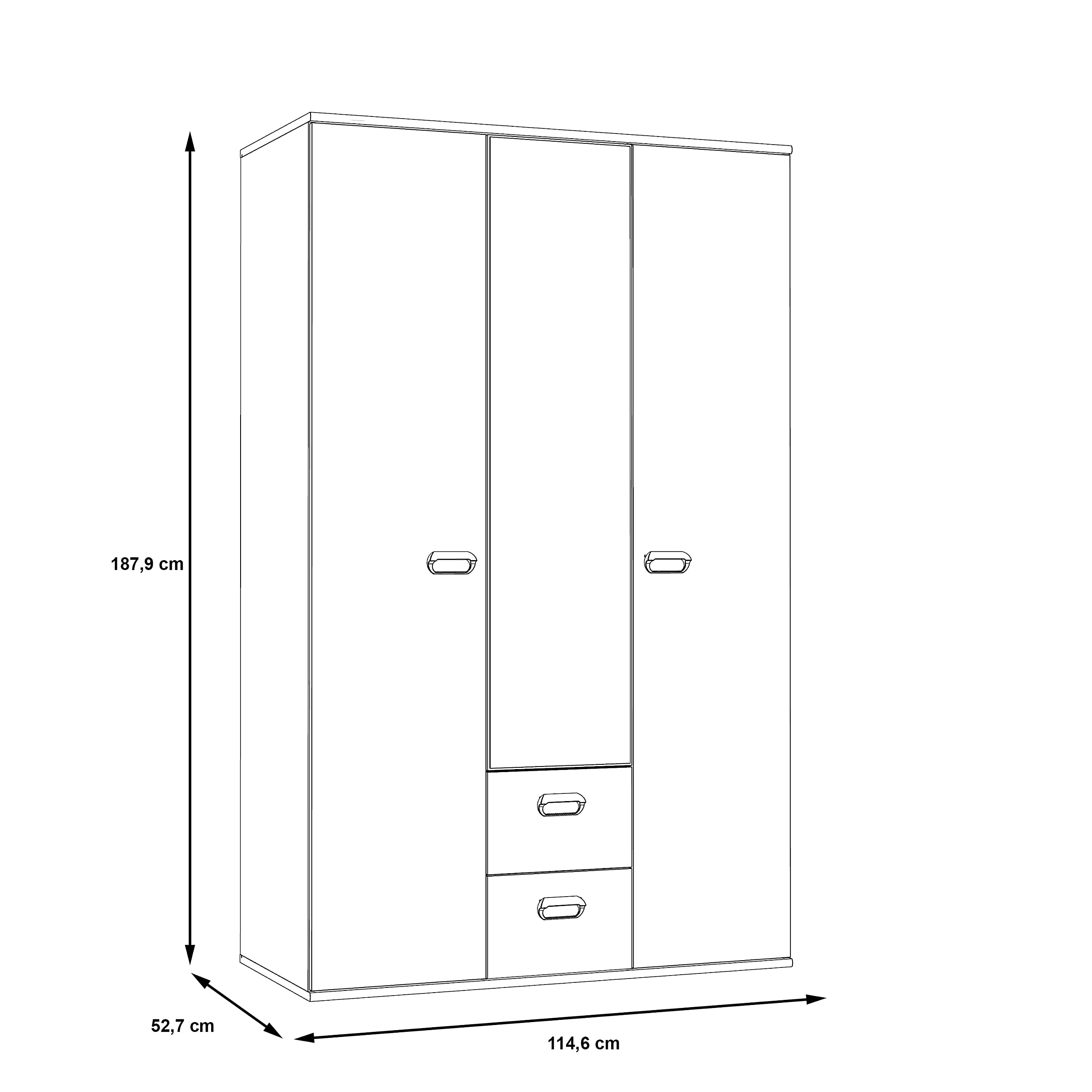 FORTE EMILY Schrank 110 120, Kleiderschrank mit Spiegel Kinderzimmerschrank mit 3-türig 2 Schubladen Einlegeböden Kleiderstange, Weiß / Betonoptik Grau, 115 cm breit x 188 cm hoch x 53 cm tief