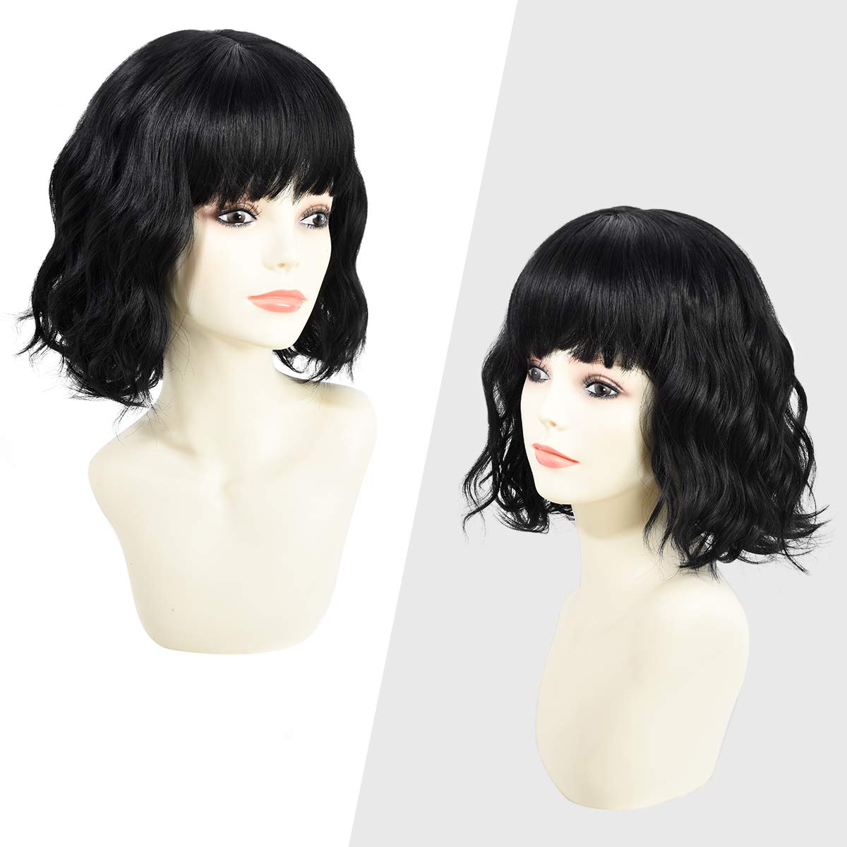 Yamel Wavy Bob Wig with Bangs Black Wig Natural Synthetic Hair Shoulder Length Short Curly Wigs for Women - Image 2