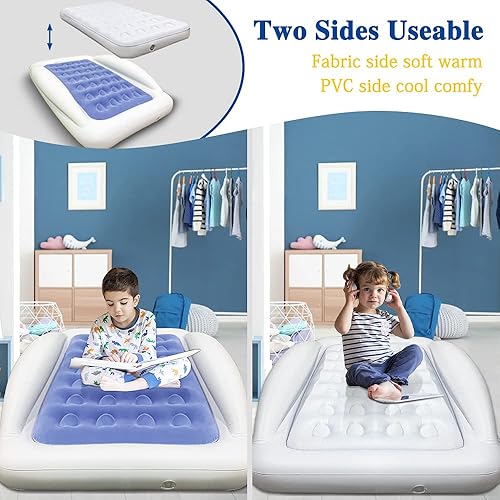 Miniatura 4 de Juego de colchón inflable de viaje para niños, colchón inflable portátil para dormir con rieles de cama y bomba eléctrica, ideal para viajes por