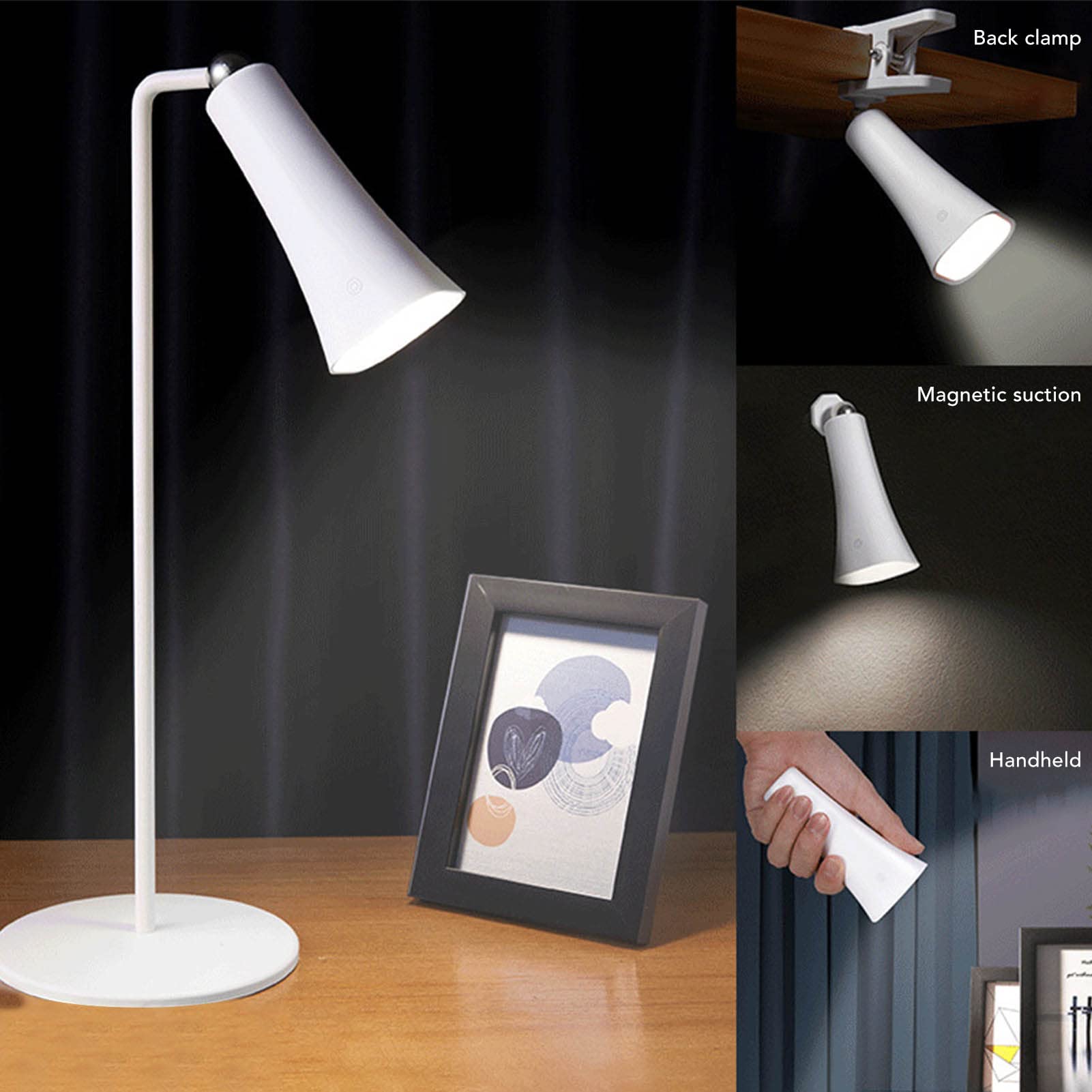 Lampe de Bureau LED 4 en 1, 3 Luminosités, 14 Puces Lumineuses, Lampe de Lecture, Lampe de Bureau sans Fil pour le Soin des Yeux, Lampe Murale à Pince de Table avec Aspiration