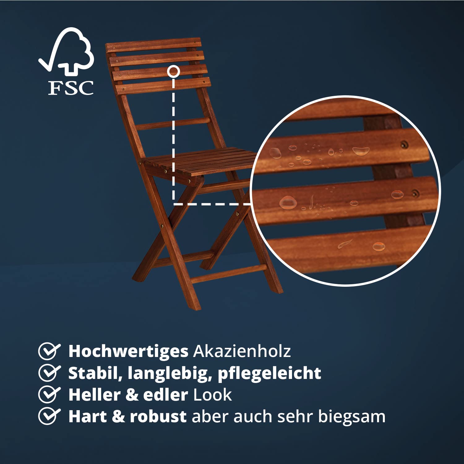 KHG Garten-Klappstuhl 2er Set aus Akazien-Echtholz mit hoher Rückenlehne, Balkonstuhl, wetterfest, klappbar, platzsparend, Outdoor, Dunkelbraun, 120kg belastbar
