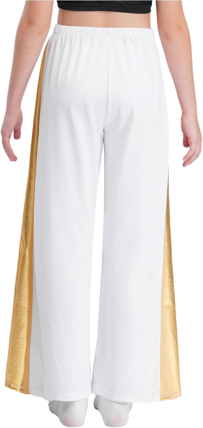 Aislor Kids Girls Lyrical Praise Dance Dress Metallic Gold Liturgical Worship Church Robe with Wide Leg Pants Set