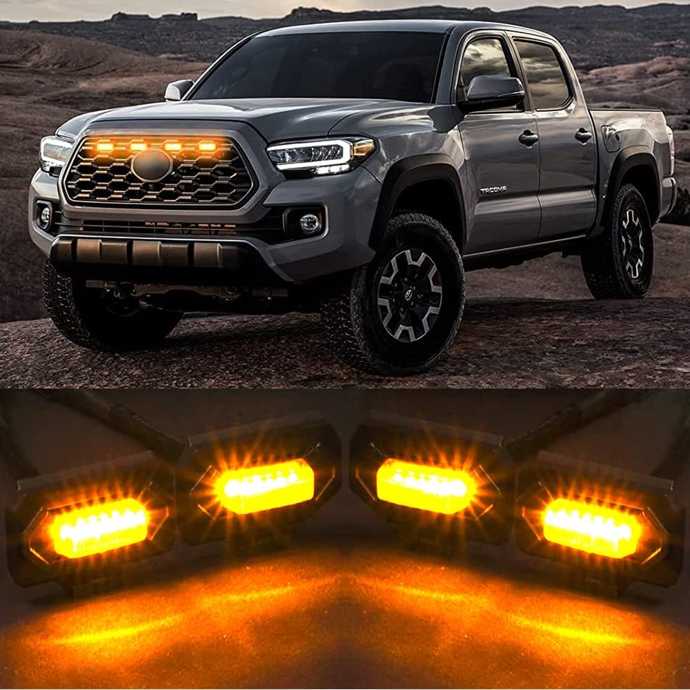 LED Grill Light Kit Compatible with 2020-2023 Toyota Tacoma TRD Off Road & Sport OEM/Aftermarket Replacement Grill ~ 4pcs Smoked Lens Amber LED ~ Wiring Harness Splitter & Fuse