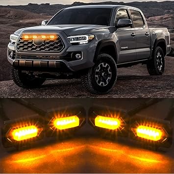 Ledグリルライトキット 2020-2023 トヨタ タコマ Trd オフロード & スポーツ Oem/アフターマーケット交換用グリルに対応 ~ スモークレンズ アンバー Led 4個 ~ 配線ハーネススプリッター&ヒューズ