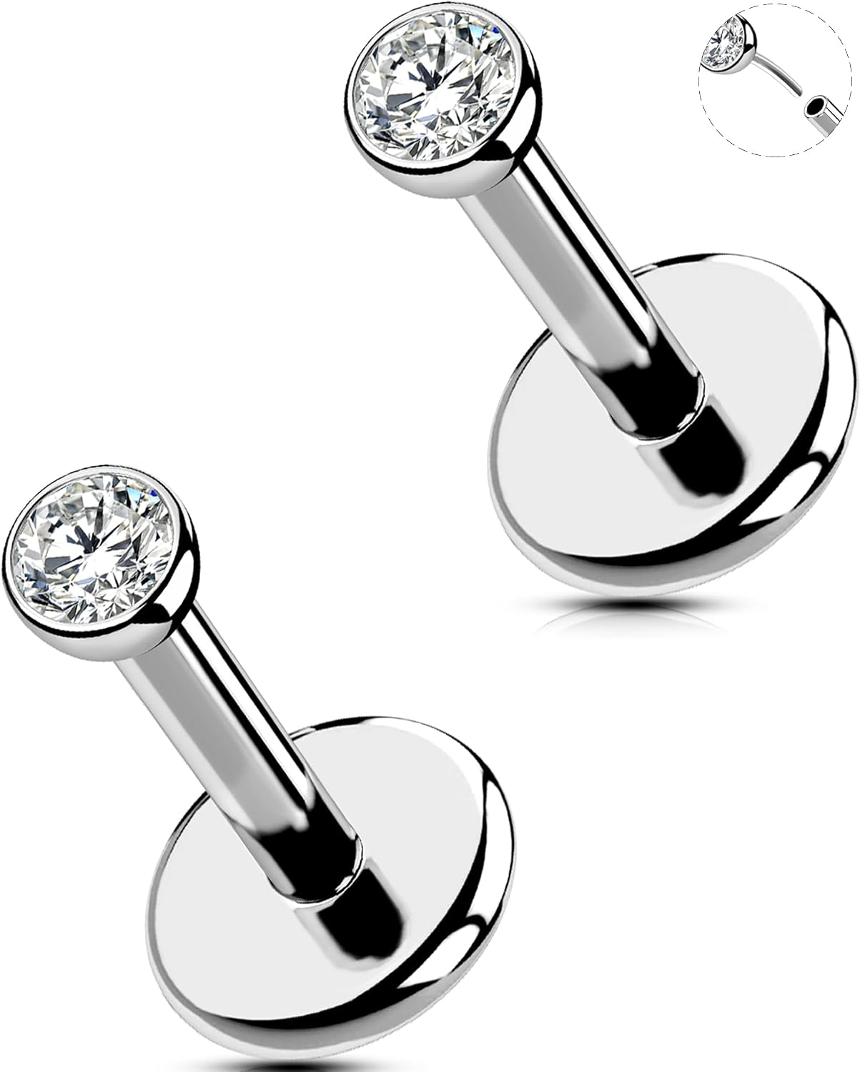 2Pcs Silver 20G/18G/16G Threadless Nose Stud Flat Back Earrings 316L Surgical Steel CZ Daity Nose Helix Cartilage Tragus Conch Labret Medusa Monroe Piercing Jewelry-Multiple Sizes & Gauges