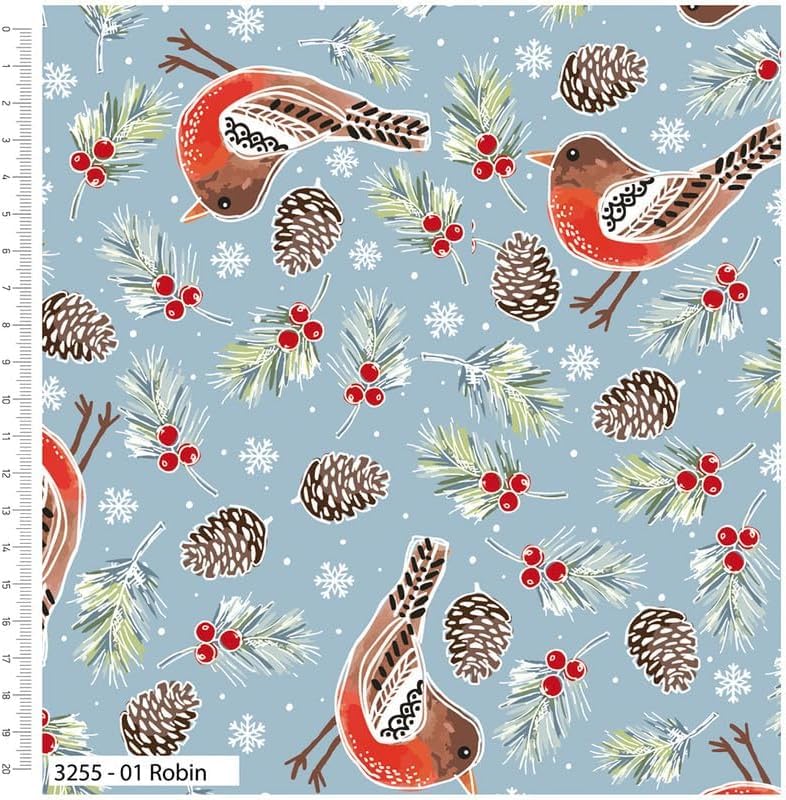Christmas Birds –Robin Printed 100% Cotton Fabric 44’ Wide-Sold by Half Metre Ideal for Crafting, Patchwork, and Dressmaking (3255-01)