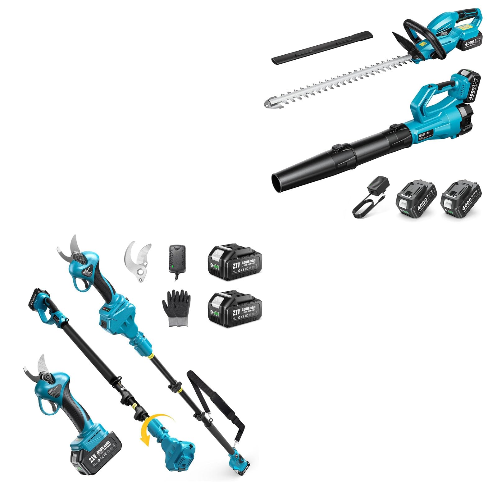 SEESII Cordless Hedge Trimmer and Leaf Blower Combo+Seesii 2-in-1 Cordless Electric Pruning Shears with Pole
