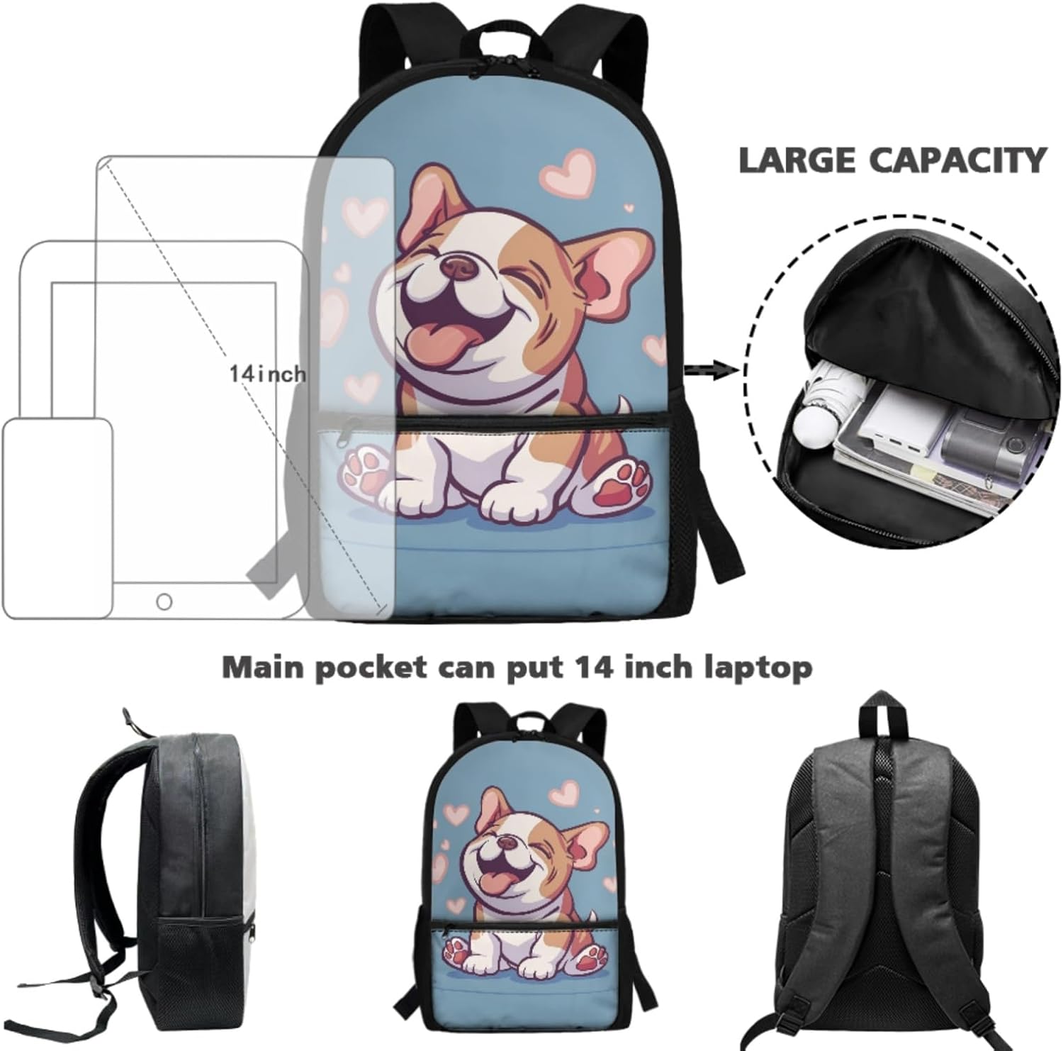 Corgi Dog Backpack for School Boys 7th Grade/6th Grade with Lunchbag,Pencil Case,Water Bottle Holder,Kids Bookbag 8-12/12-14 Elementary Middle School Bag Student Back Pack Back to School