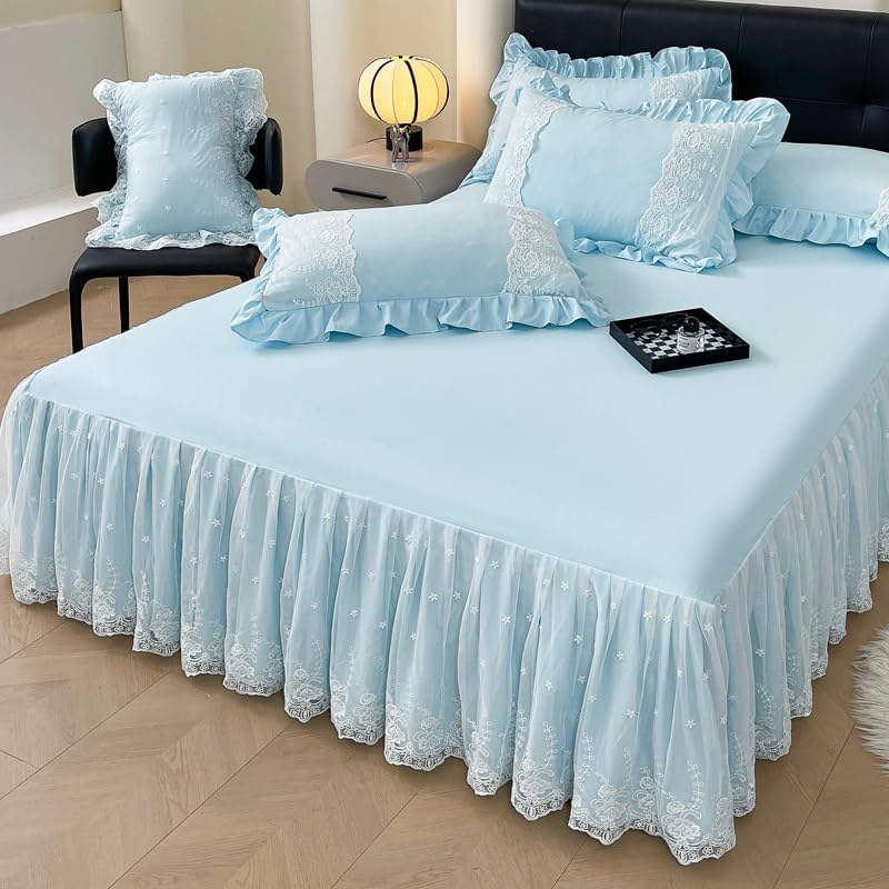 Queen Size 2 Tiers White Lace Ruffle Bedspread Sheet Only Washed Cotton Bed Sheet with Skirt, Light Blue